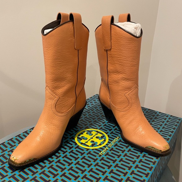 Tory Burch Western Leather Mid Boot, NWT, Size: 6.5, Color: Brandy Nevada - Picture 2 of 10